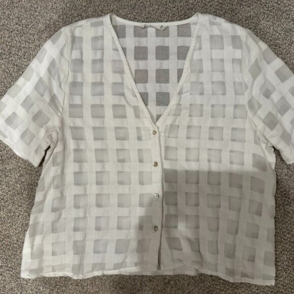Mango Sheer Windowpane Cropped Blouse with Mother-of-Pearl Buttons Size 6 - Picture 1 of 3